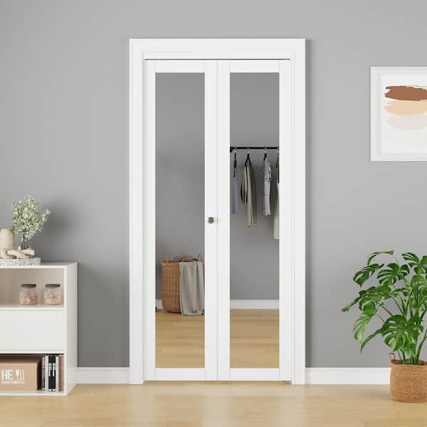 36 in. x 80 in. 1-Lite Mirrored Glass and Solid Core White Finished MDF Closet Bi-Fold Door with Hardware