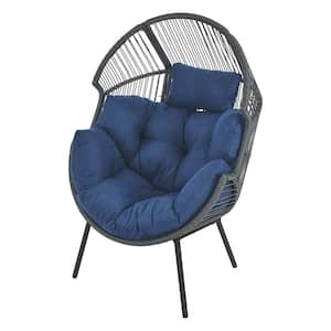 35 in. W Oversized Mixed Gray Wicker Egg Chair Patio Egg Lounge Chair with Blue Cushions