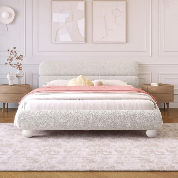 White Wood Frame Queen Size Teddy Fleece Boucle Fabric Upholstered Bed with Solid Round Legs