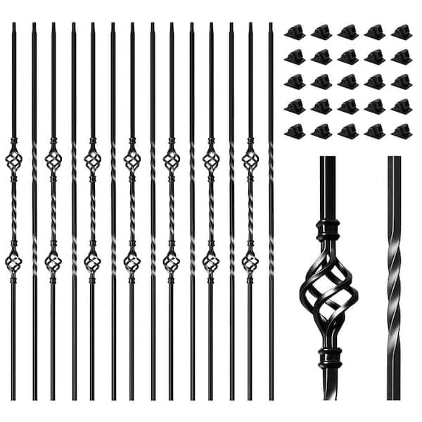 44 in. H x 0.5 in. W Matte Black Wrought Iron Stair Railing Kit with Decorative Double Basket Design 16-Pack Aluminum