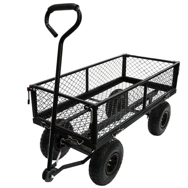 Huluwat 3 cu. ft. Removable Sides Steel Mesh Garden Cart with Pneumatic Wheels, 300 lbs. Capacity, Black