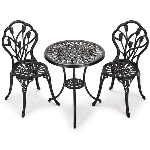 Flynama 3-Piece Cast Aluminum Bistro Table Set in Black