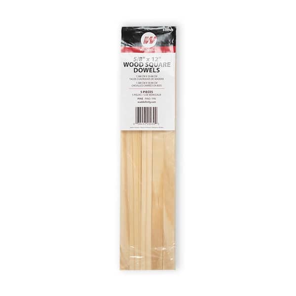 Waddell 0.625 in. x 12 in. Pine Square Dowels, Pack of 5-Sanded, Paintable, Stainable-Wooden Rod for DIY Home Projects