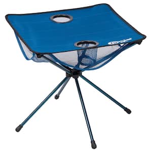 Blue Aluminum Folding Portable Camping Table with A Mesh Storage Bag, Two Cup Holders and Carrying Bag