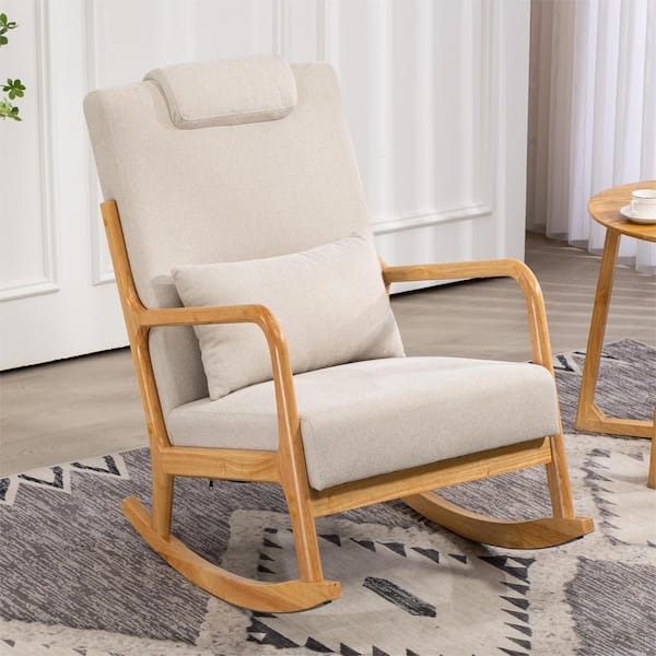aisword Beige Modern Mid-Century Upholstered Fabric Rocking Armchair with Lumbar Support Set of 2