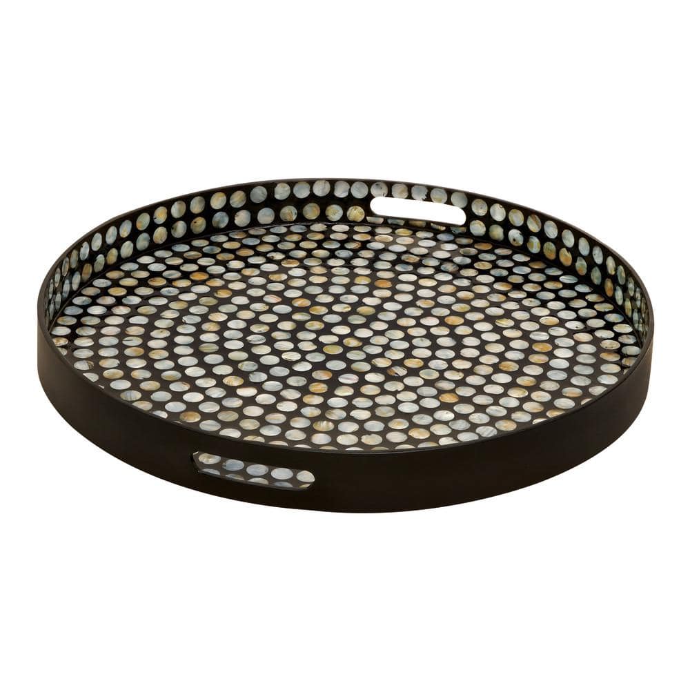 Litton Lane Black Handmade Mother Of Pearl Decorative Tray With Slot Handles The Home Depot