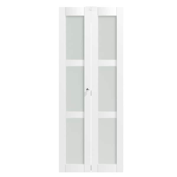 30 in. x 80 in. 3-Lite Frosted Glass Solid Core White PVC Covering MDF Bi-fold Doors with Locks and Handles