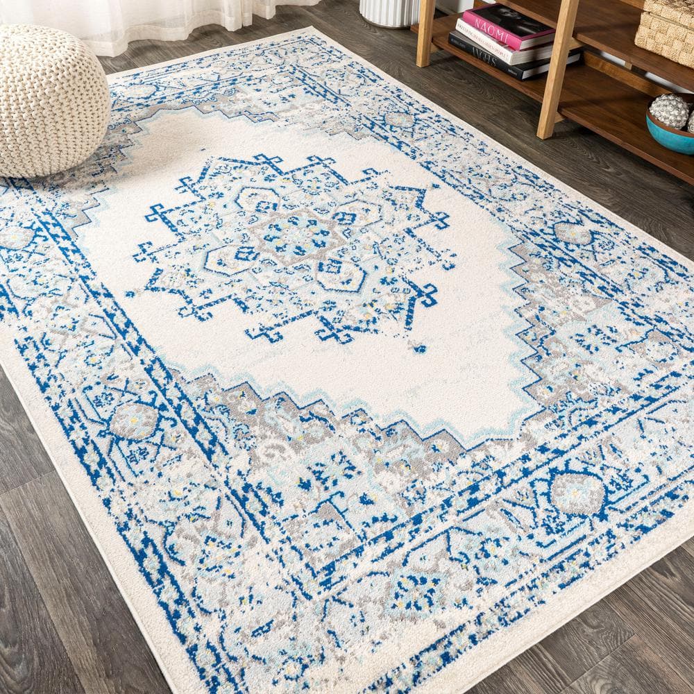 Reversible Medallion Blue and Ivory Synthetic Area Rug - 5x8 Feet