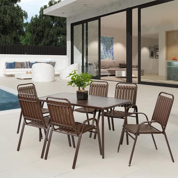 Tenleaf 7-Piece Brown Metal Indoor-Outdoor Dining Set Patio Table and Chair Set Conversation Set with Steel Tabletop