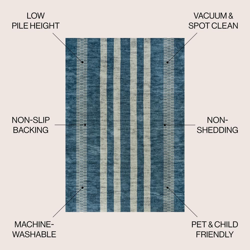 Blue and Cream Striped Machine-Washable Synthetic Area Rug