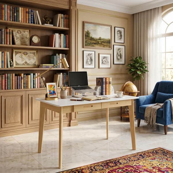 39.4 in. W-29.5 in. H White MDF Writing Desk with 2-Drawers