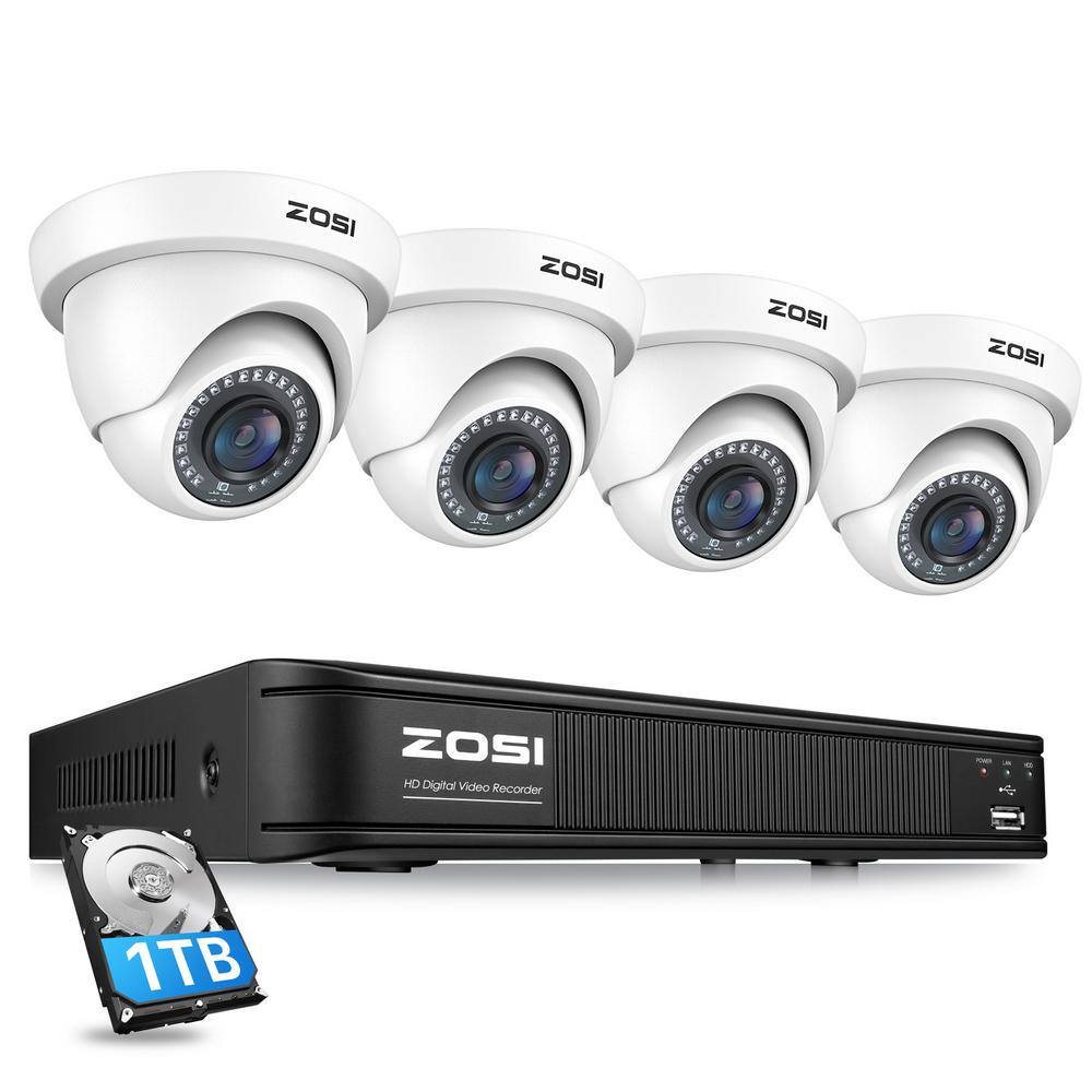 ZOSI 8 Channel 5MP-Lite 1TB Hard Drive DVR Security Camera System with 4-Wired 1080p Outdoor Dome Cameras, Remote Access, White -  8VM-418W4S-10