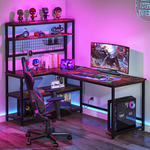 Lanita 55 in. L-Shaped Brown Wood Computer Desk with Wireless Charging and 5-Tier Bookshelf for Home Office