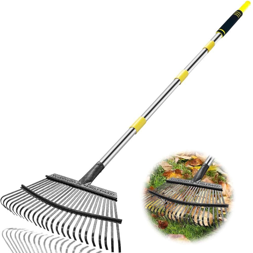 Yellow Arb Rake 18.5 in. W x 72.83 in. H 25-Tine Garden Rake Adjustable Stainless Steel ...