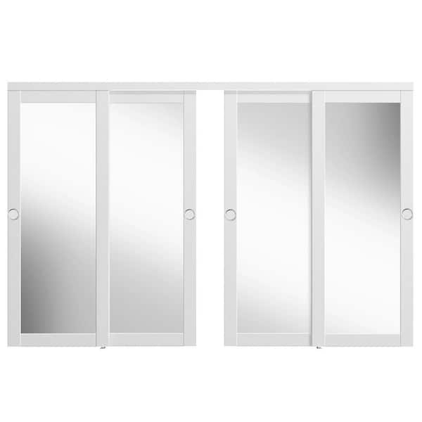 144 in. x 80 in. 1-Lite Mirrored Glass Solid Core White Primed MDF, Double Sliding Door with Handle and Hardware Kit Set