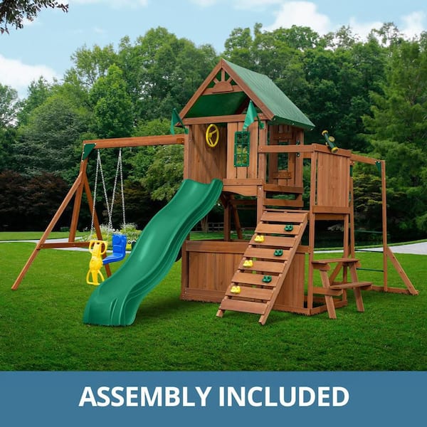 Professionally Assembled Knightsbridge Plus Wooden Outdoor Playground Set with Slide, Rock Wall, Swings, and Monkey Bars