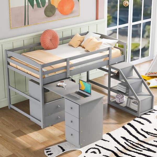 Twin Size Loft Bed With Multifunctional, Twin Size Low Loft Bed With Staircase