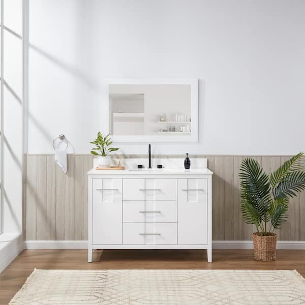 Ella Florence 48 in. W x 22 in. D x 35 in. H Single Sink Bath Vanity in White with Solid White Quartz Top