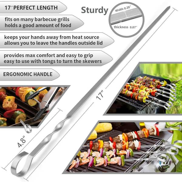 Stainless Steel Kabob Skewers with Flat and Shish Kebab for Grilling, Meat, Chicken, Vegetable, and BBQ (12-Pack)