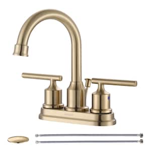 4 in. Centerset Double-Handle High Arc Bathroom Faucet with Drain Kit Included in Brushed Gold