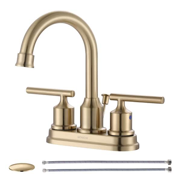 WOWOW 4 in. Centerset Double-Handle High Arc Bathroom Faucet with Drain Kit Included in Brushed Gold