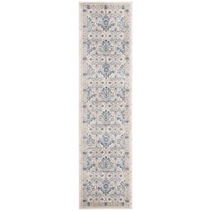 Brentwood Light Gray/Blue 2 ft. x 10 ft. Geometric Floral Border Runner Rug