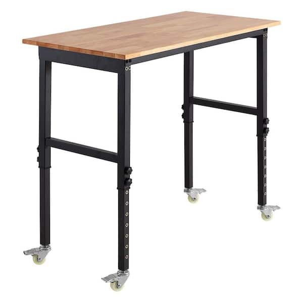 Adjustable Workbench on Wheels, 1500 lbs. Capacity, 48 in. x 24 in. Oak Wood Top Workbench 28.5 in. to 42.3 in. Height