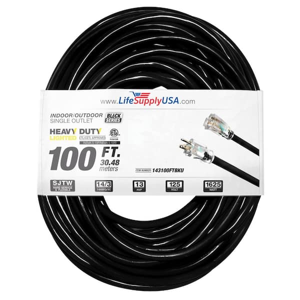 LifeSupplyUSA 100 ft. 14-Gauge/3 Conductors SJTW 13 Amp Indoor/Outdoor Extension Cord with Lighted End Black (1-Pack)