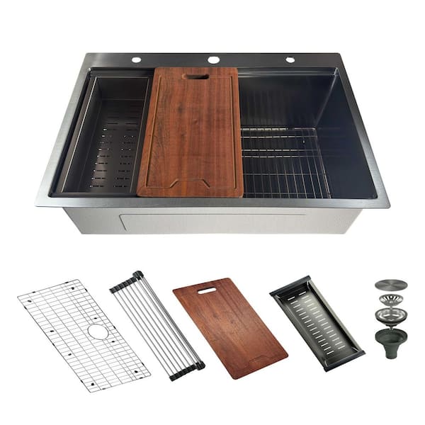 33 in. Drop-in 3-Hole Single Bowl 16-Gauge Gunmetal Black Stainless Steel Workstation Kitchen Sink with Full Accessories