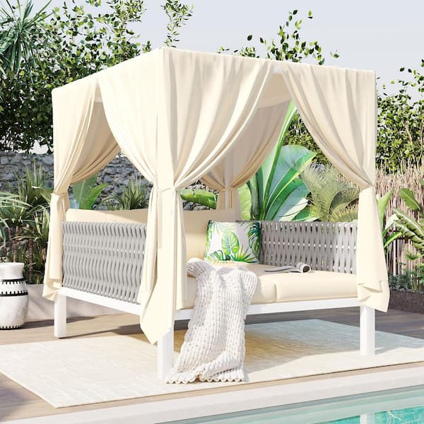 Harper & Bright Designs White Metal and Rubber Core Rope Outdoor Day Bed with Beige Curtains and Beige Cushions