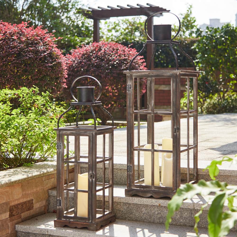 Rustic Farmhouse Wood Candle Lantern Set for Tabletop Decor