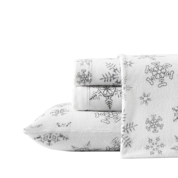 Eddie Bauer Tossed Snowflake 4-Piece Gray Plush Fleece Microfiber Full Sheet Set
