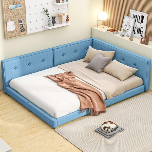 Blue Wood Frame Full Size Platform Bed with USB Ports