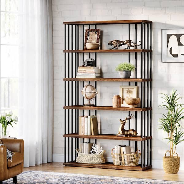 BYBLIGHT Eulas 66.5 in. Tall Brown Wood 6 Shelf Standard Bookcase Industrial Storage Shelving Unit for Bedroom BB NY285ZMZ The Home Depot
