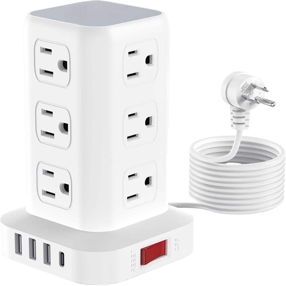 10 ft. White Power Strip Tower Surge Protector with 12 Outlets and 4 USB Po