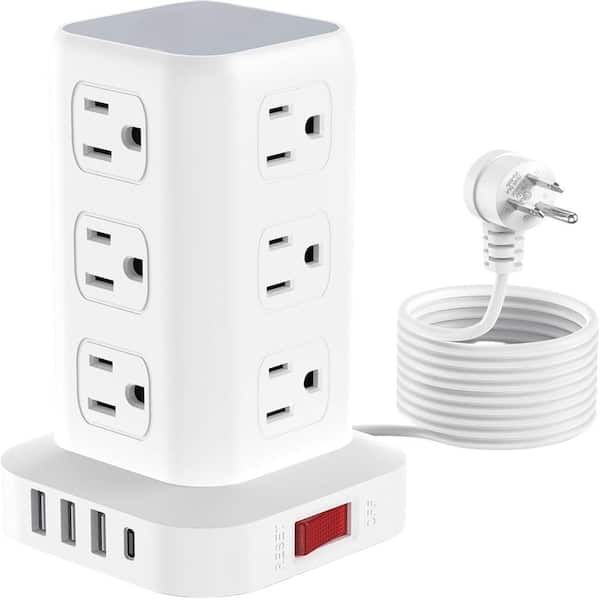 10 ft. White Power Strip Tower Surge Protector with 12 Outlets and 4 USB Ports (1 USB-C) Multi-Plug Extender