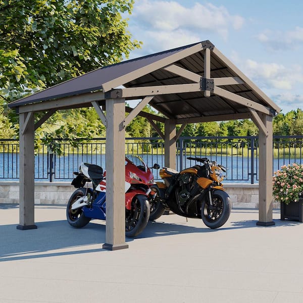 10 ft. x 12 ft. Outdoor Wood Gazebo, Hardtop Gazebo Permanent Wooden Pavilion with Galvanized Steel Roof, Cedar Wood