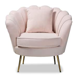 Light Pink Teddy Fabric Swivel Accent Armchair with Black Powder