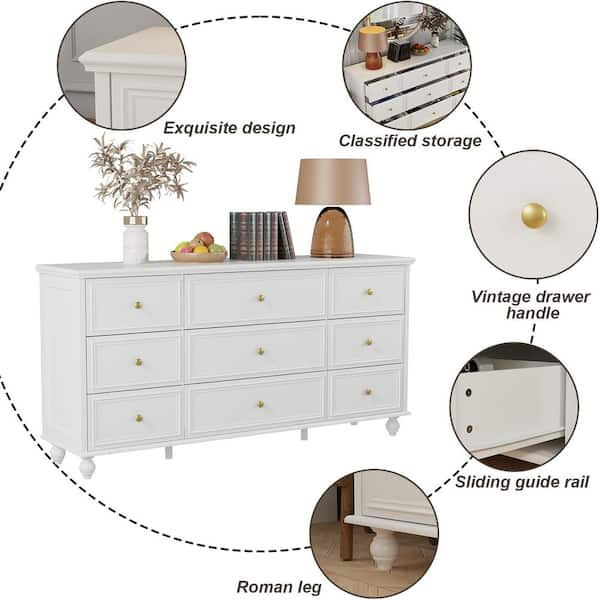 14+ 9 Drawer White Dresser