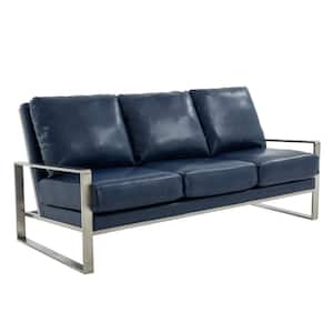 Jefferson 77.1 in. Square Arm Faux Leather Contemporary Modern Rectangle Sofa in Blue