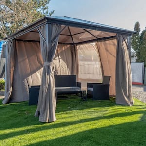 10 ft. x 12 ft. Aluminum Hardtop Gazebo with Removable Mesh Walls in Brown