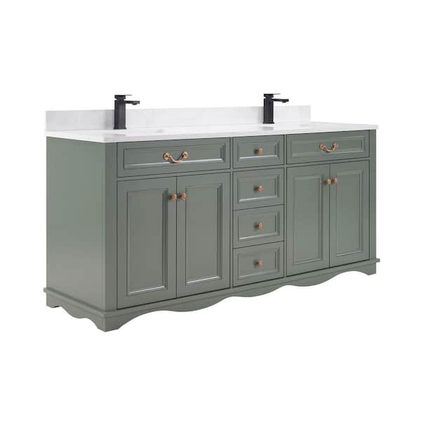 French Contemporary 72 in. Freestanding Pewter Green Bath Vanity with White Artificial Stone Top Assembled Bath Vanity
