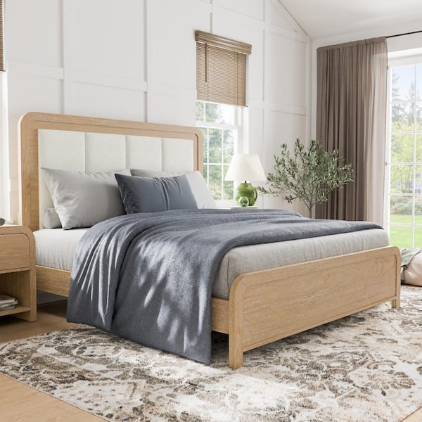Falkner Natural Modern Solid Wood Frame King Panel Bed With Padded Boucle Headboard