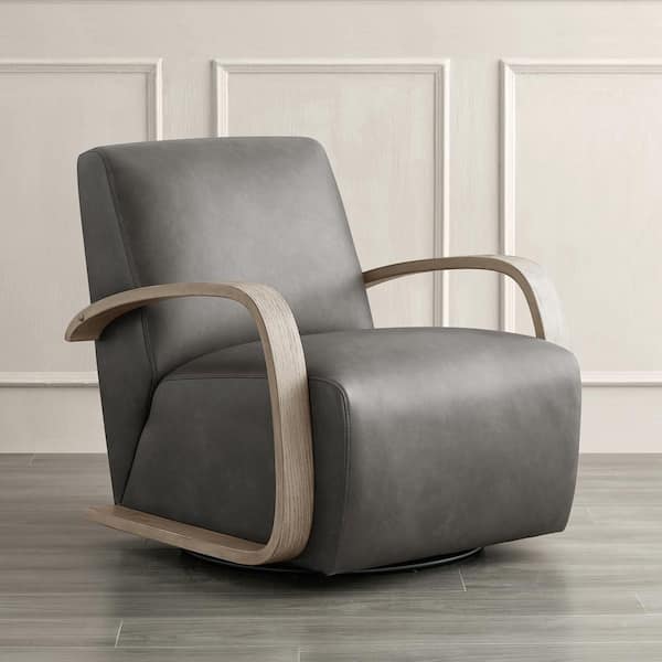 Spruce & Spring Ella Dark Grey Leather Swivel Accent Chair with Grey Solid Wood Arm Modern Armchair for Living Room or Bedroom