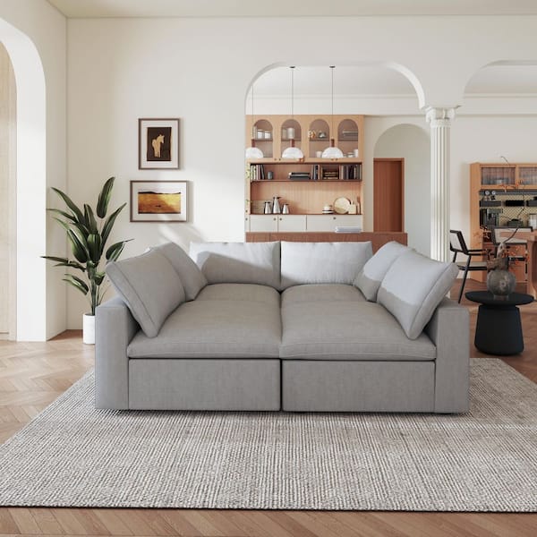 79 in. Modular Gray Linen Solid Wood Full Size 4-Seat Convertible Sleeper Sofa Bed with Washable Covers