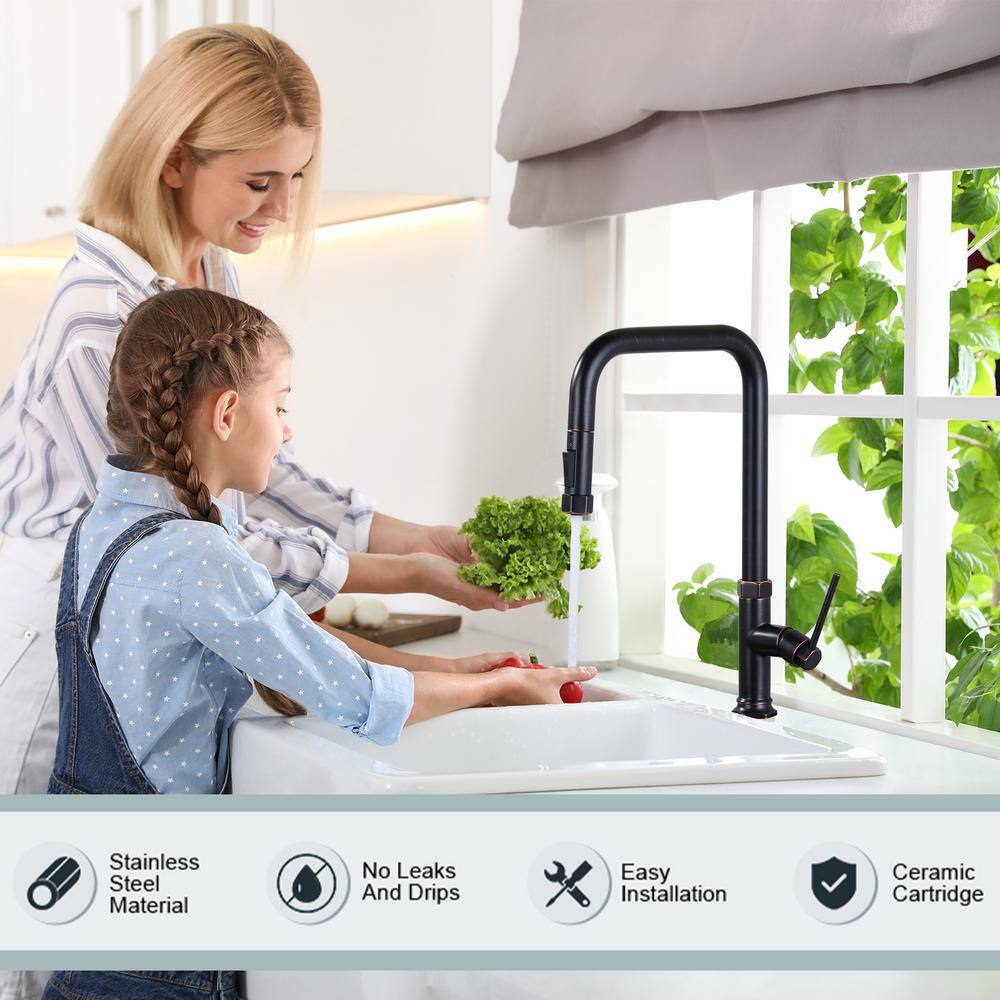 17-Inch Oil Rubbed Bronze Single Handle Pull Down Kitchen Faucet