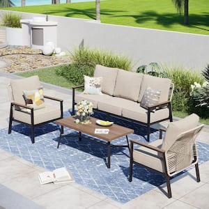 Black 4-Piece Metal Outdoor Patio Conversation Seating Set with Beige Cushions