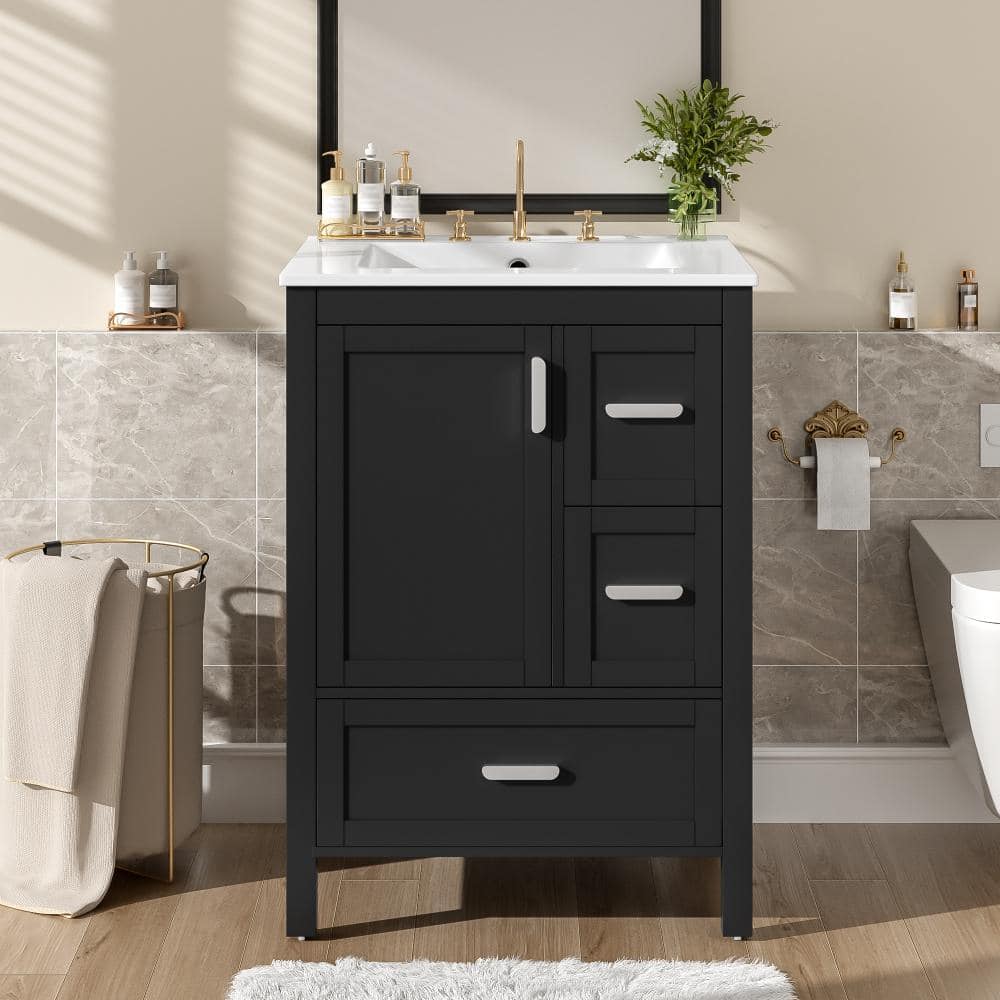 24 in. W Black Bathroom Vanity with Soft-Close Door, Double-Layer Door Shelf and 3 Drawers price history on PriceWatchPro