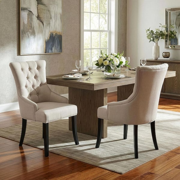 Alei Beige Fabric Dining Chair Wing Chair with Tufted Buttons (Set of 2)