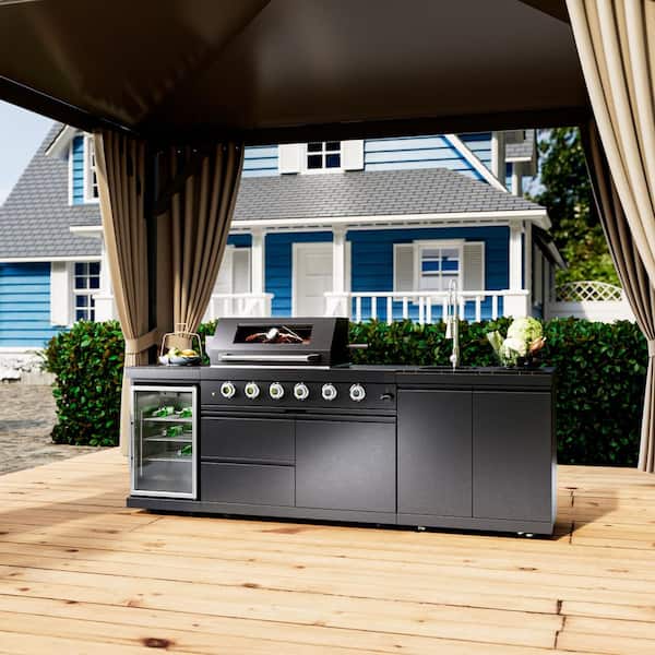 4-Burner Propane Gas Grill Island Outdoor Kitchen with Rotisserie Refrigerator Sink Storage in Stainless Steel